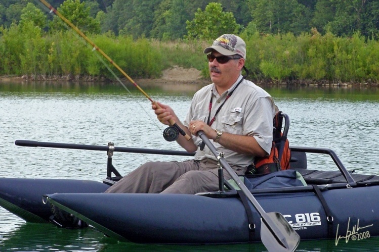 Joe Cornwall, fishing the Fairfield Lakes, Lafayette, IN, with AOJ on a gorgeous summers eve, astride the  "Ofieldstream II".