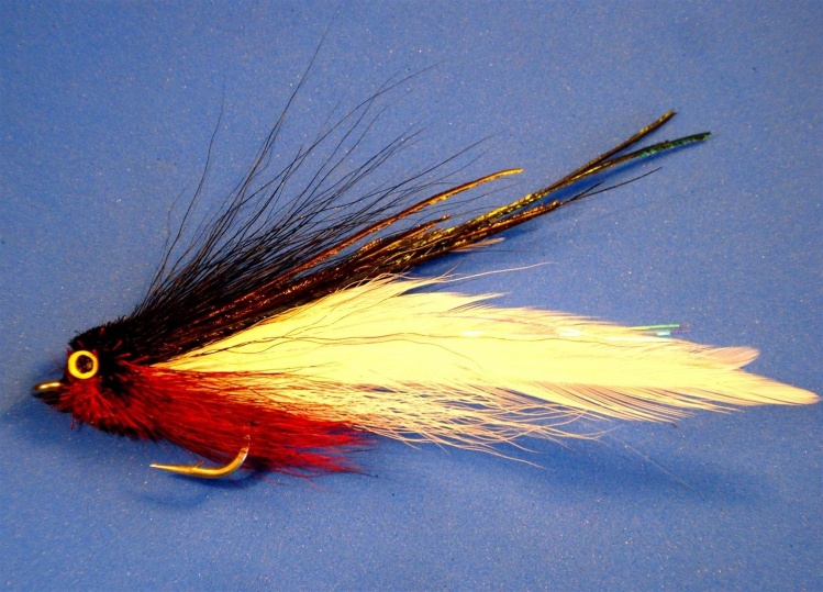 Streamer de dorado. Anzuelo: 3/0 SW. Cola: Saddle blanco / Flashabou perlado. Collar: bucktail negro / rojo. Top: peacock herl. Cabeza: lead eyes medium / deer hair negro-rojo.