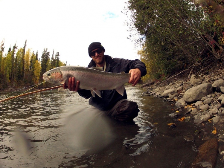 this was my first steelhead on a Bamboo rod and a floating line. i was skating a fly on the surface and watched it hit hard. she was out of the water a lot and gave me one of my best fights. i got to finally feel the spliced bamboo 12" rod at work an