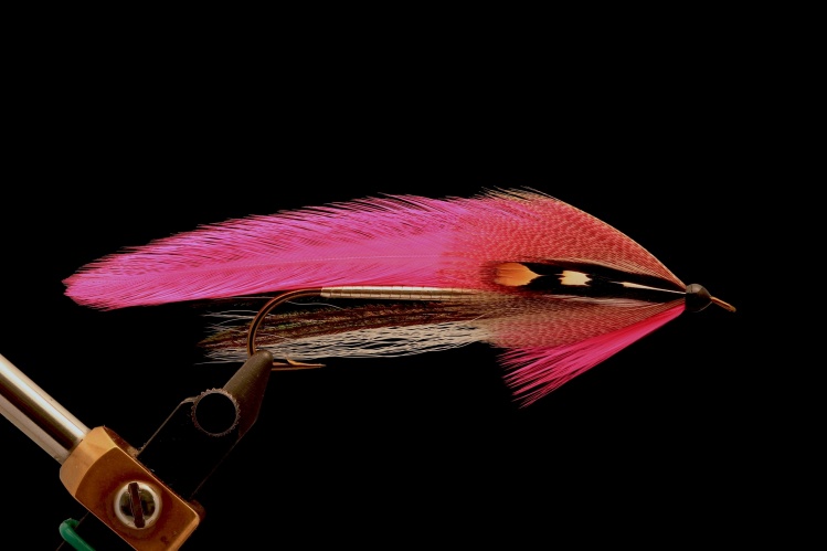 Pink Beauty Streamer originado por Carrie Stevens según aparece en la correspondencia de Austin Hogan con Carrie Stevens.
Cuerpo: Tinsel plateado ancho
Garganta: Bucktail blanco pasando la curva del anzuelo y fibras de gallo color rosa
Ala: 4 fibras de