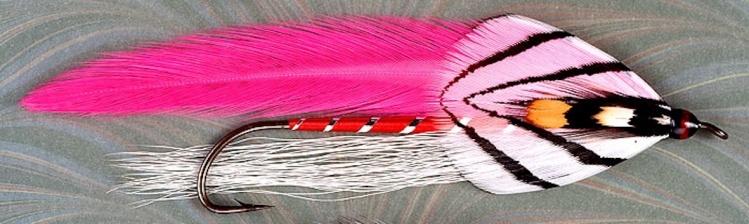 Pink Ghost -  Creado por Carrie Stevens para pescar salmones encerrados y truchas de arroyo en lagos y ríos y lagos cercanos a Maine principalmente haciendo trolling con mosca desde elegantes canoas de madera, atado con ciertas variantes por Marcelo Moral