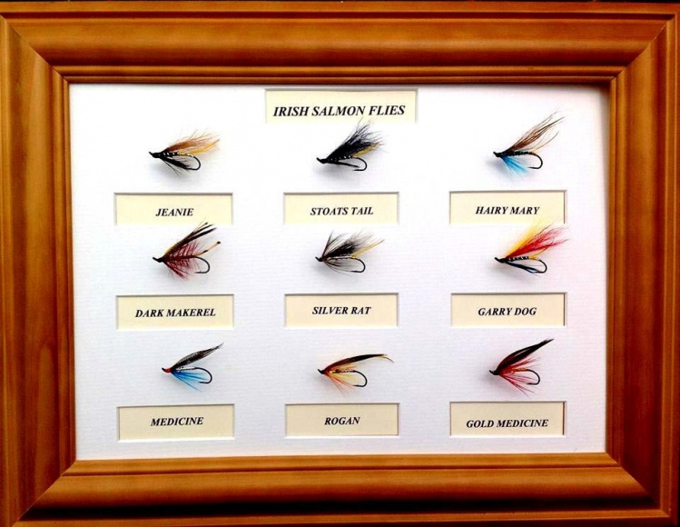 Nine Atlantic Irish Salmon flies pin mounted in oak frame
