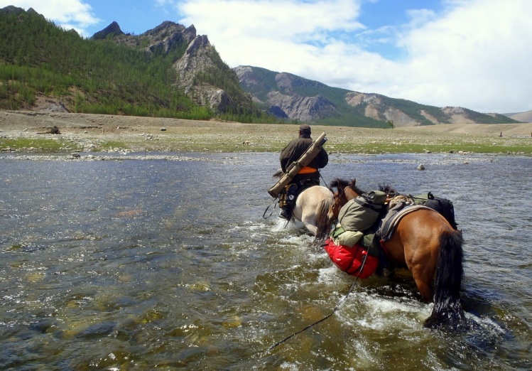 Crossing the upper Delger Moron River in search of Taimen