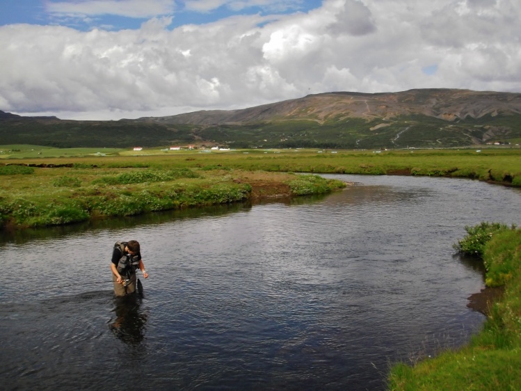 My friend, Dagur, wading in river Skillandsá. Fishing for big Arctic char, using dry flies and small nymphs.