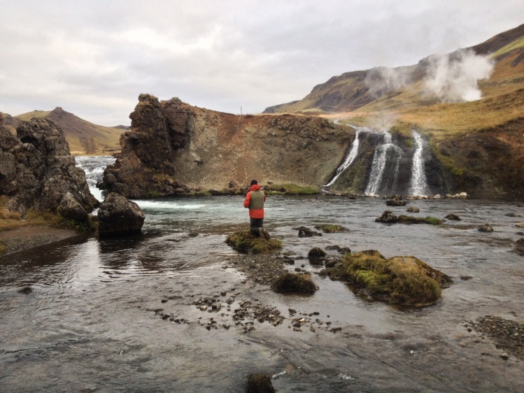 Fishing in river Varmá &amp; Þorleifslækur in Iceland. This is a  nice little sea-trout river not far from Reykjavik. On this photo I am fishing the pool Baula, hot water streaming into the pool from the right bank!