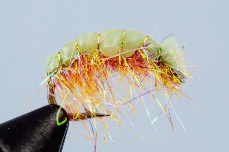 Soft shell scud. Plastic grocery bag over Wapsi Squirmy Wormy over Ice Dub  dubbing.  Gold wire.  Scud hook.