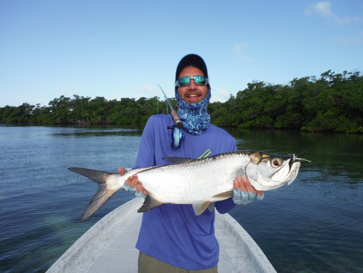 At Grand Slam Fishing Lodge, Punta Allen, Mexico.
Babi-Tarpon on a 10w rod 30 lb. tipet. In January 2014.