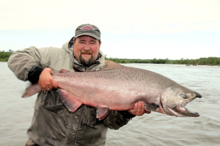 Charlie with a bruiser King Salmon caught on The Alagnak River with Alaska Trophy Adventures Lodge