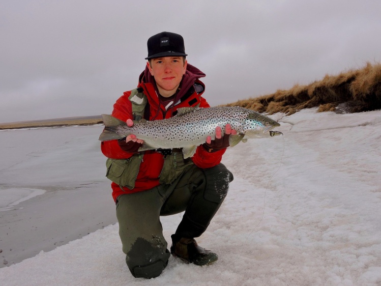 A beautiful sea trout. This fish dragged me aprox. 200m down river. What a fight! The fish was released after the fight.