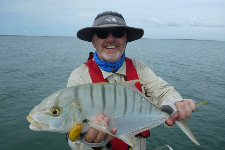 This reasonable golden trevally fought very well. He was between a couple of mangroves at the high-tide mark and thanks to the Skipper's skills (Richard Carter) we got him free from a couple of wrap ups on branches.