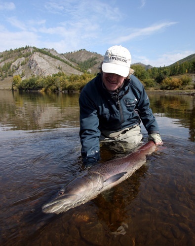 54 inches of explosive Taimen from a river in Mongolia.  On these bigger waters, the two handed rod works fantastic.