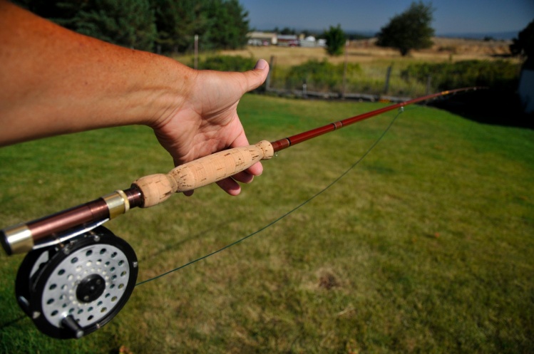 The #65 Martin reel balanced on the rod.  A great trout fishing combo, pleasure to cast for total investment of $40 U.S.  Coming back to Glass has been a revelation and this is vintage glass! 