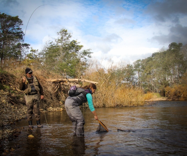 Jim and Simone putting the finishing touches to an early season river rainbow...