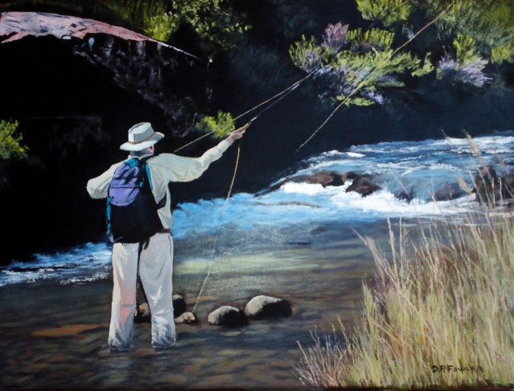 Roy Ward on a berg river. Oil on canvas by DP Fowler