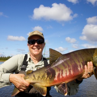 Carol with another huge chum salmon on the fly!