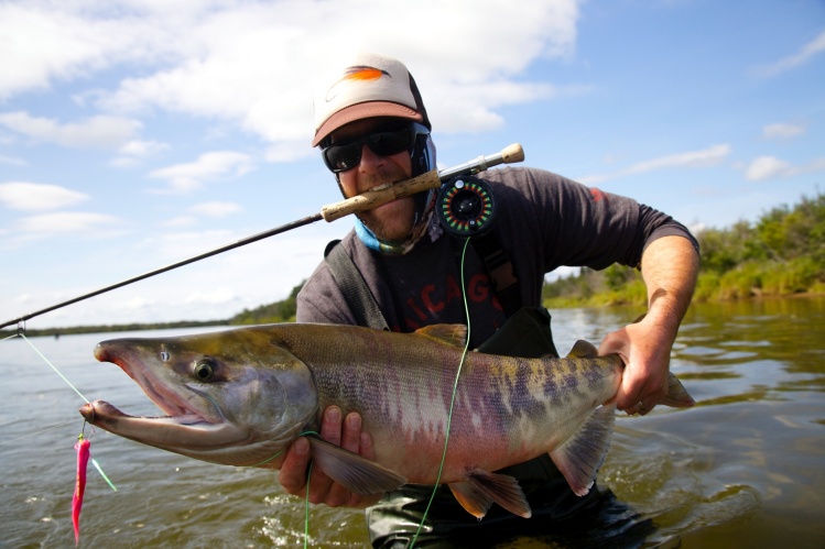 Cousin Joe with another huge chum salmon that nearly broke the 9 weight rod!