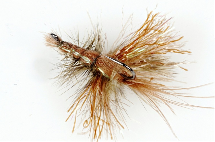 Crayfish pattern tied on a jig hook. 