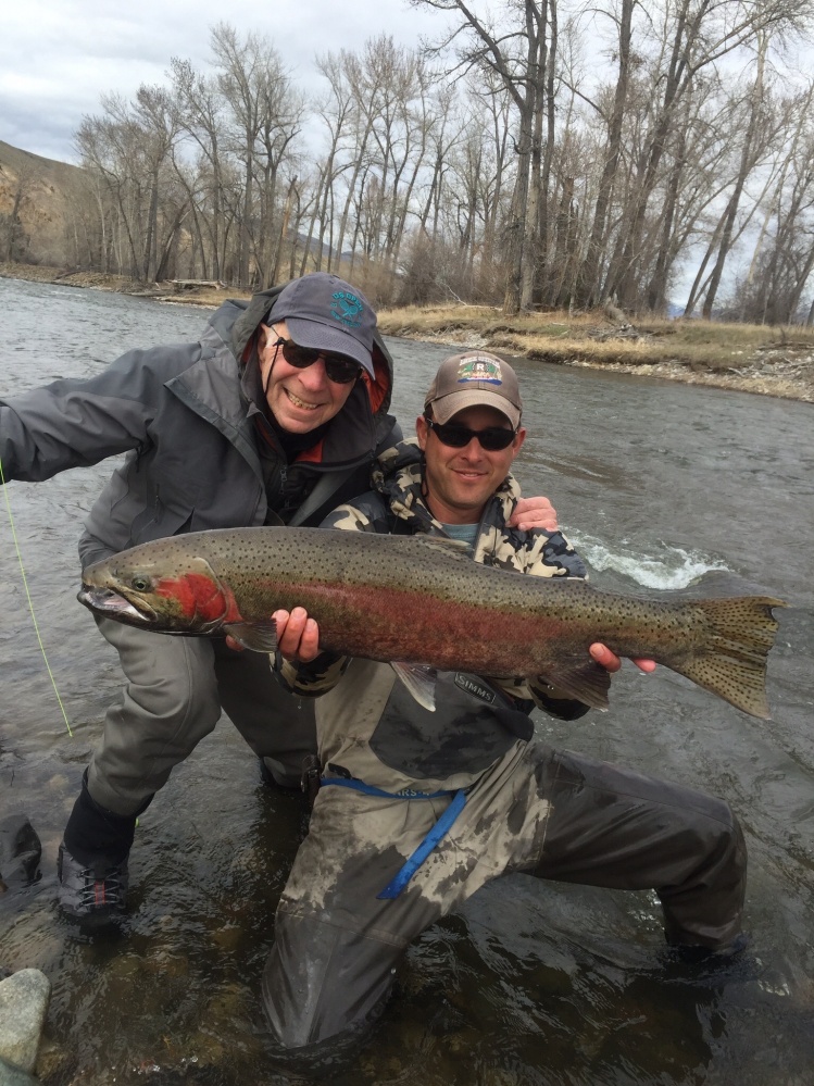 Steelhead caught March 26th on the Samon River in Idaho with Luke, our guide, with Rawhide Outfitters.  Ken is thrilled. 