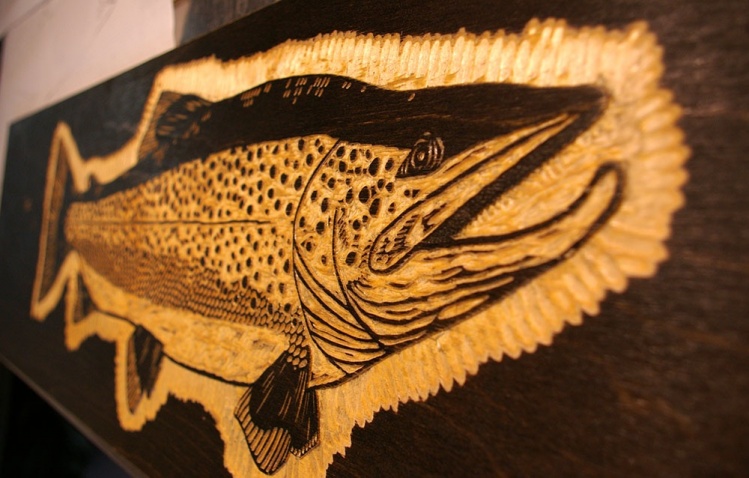 Woodcut of a large brown trout I have been working on for an upcoming project