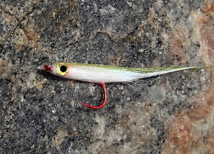 A hollow tye spearing. Body of EP Brush, one collar of white and olive bucktail tyed reverse. Folded back and covered in Fabric Fusion with a stick on eye.