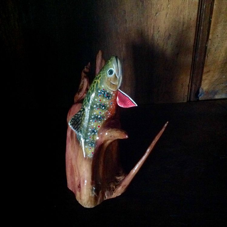 Stylized Brook Trout emerging from a driftwood root.