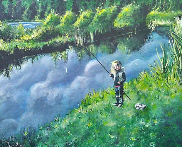 Painted from a photo of me fishing when I was little.