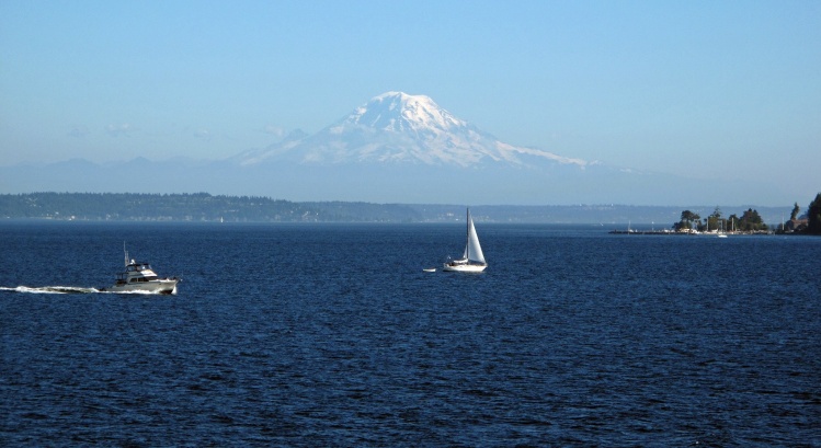 Boats on Puget Sound. Mount Rainier in background.