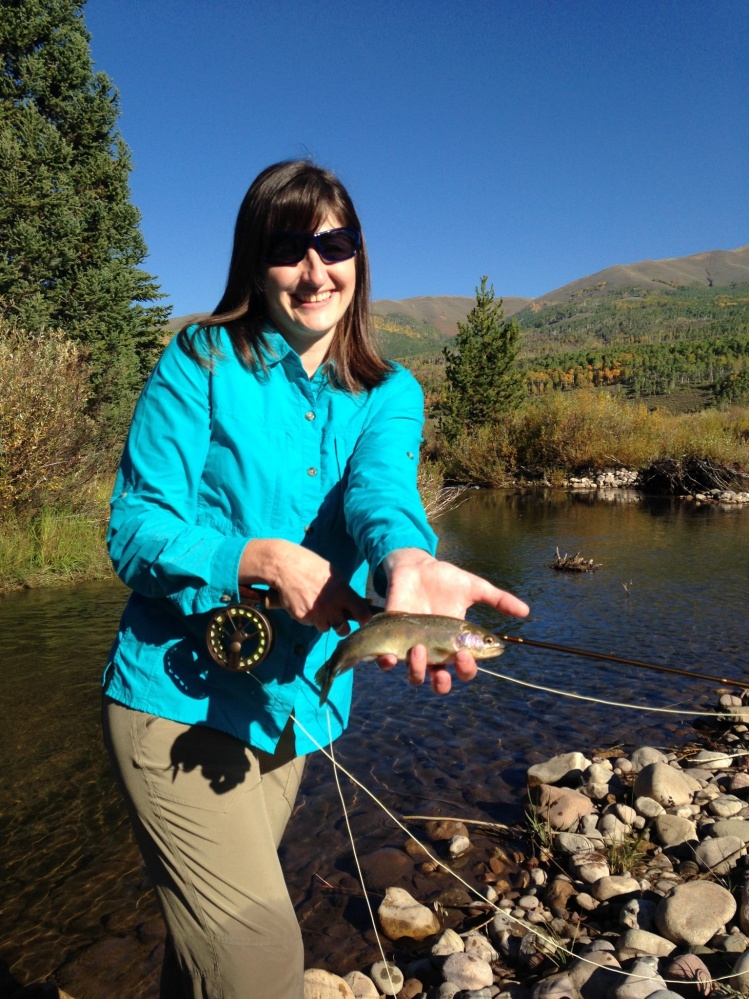 Nancy with her first trout on a fly. Little cut-bow on a stimulator. Now she wants her own gear...Mission Success