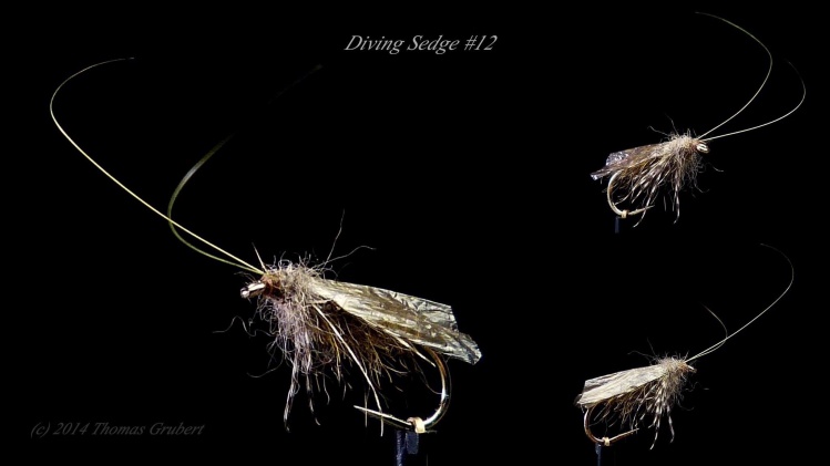 Diving Sedge, hook #12
Abdomen: hares ear/Olive, ribbed with fine wire copper
Thorax and legs: mix from hares ear/nature and teal fibers in a loop
Antennas: whiskers from rabbit mask