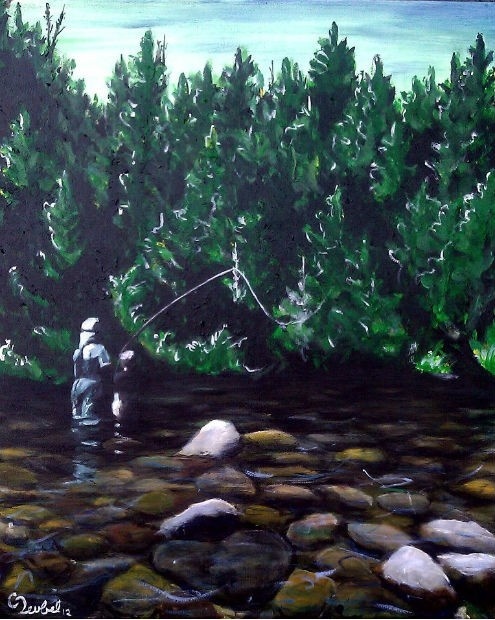Dan Ferguson fishing with his grandson. Painted for Spokane Fly Fishers Poster