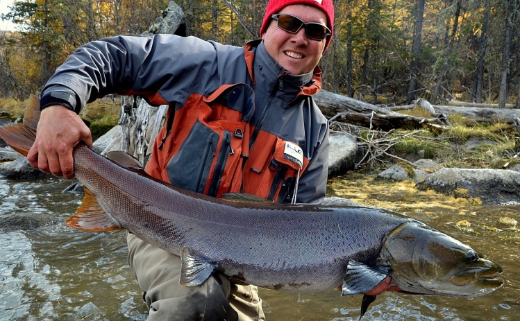 David fishing in the fall season, with one of his numerous Taimen in prime condition.