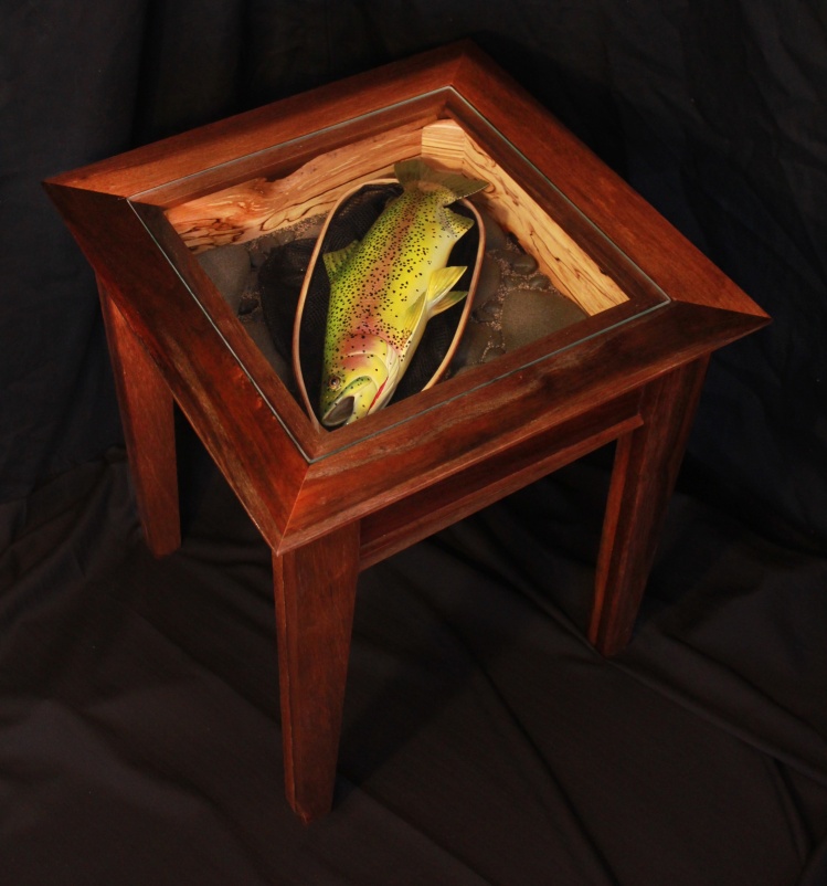 Peruvian walnut end table (20"x20" top, 22" tall) with hand-carved westslope cutthroat trout inside. $750 (plus shipping)