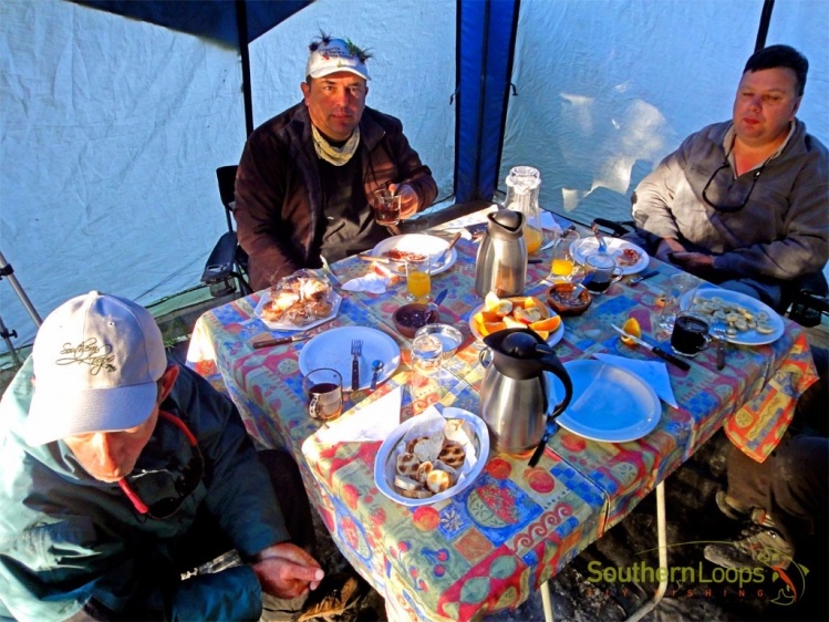 Enjoying breakfast at southernloops riverside camps on Caleufu River.
