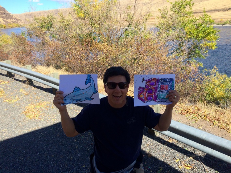 Pressing the "kids' good luck drawings" yet again.  This is the Snake river behind us.