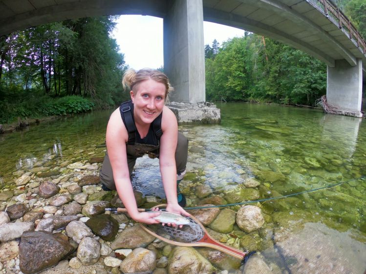The girl from "downunder" and her first ever fish caught with flyfishing rod, river Sava Bohinjka
